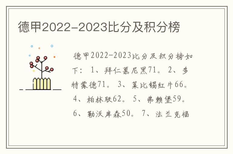 德甲2022-2023比分及积分榜