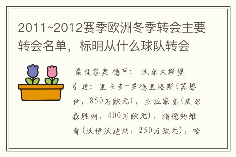 2011~2012赛季欧洲冬季转会主要转会名单，标明从什么球队转会到什么球队，多谢~