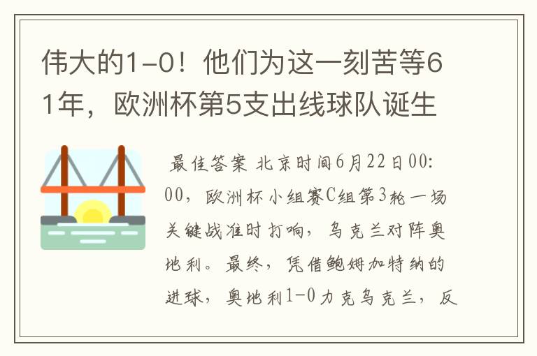 伟大的1-0！他们为这一刻苦等61年，欧洲杯第5支出线球队诞生