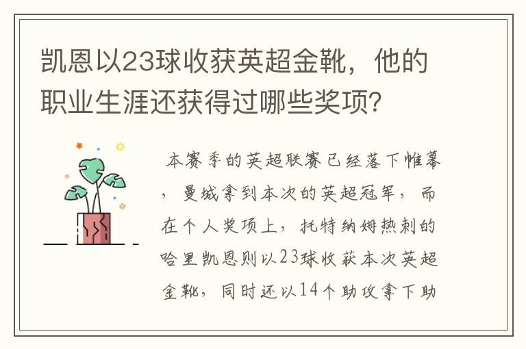 凯恩以23球收获英超金靴，他的职业生涯还获得过哪些奖项？