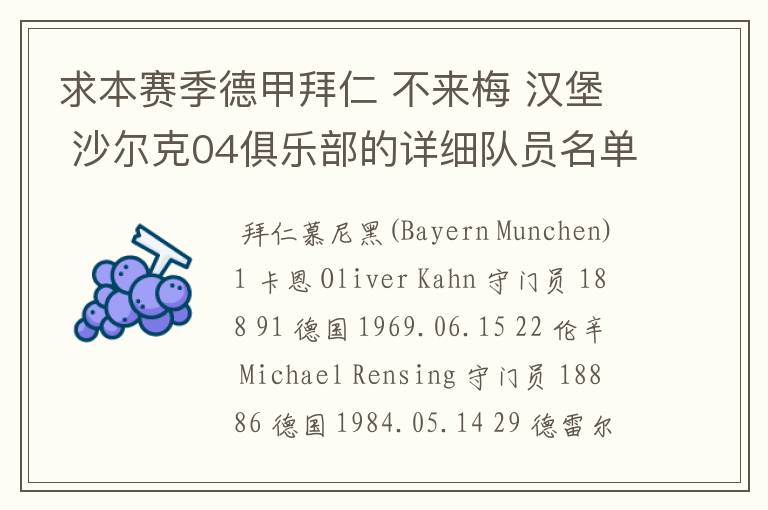 求本赛季德甲拜仁 不来梅 汉堡 沙尔克04俱乐部的详细队员名单?