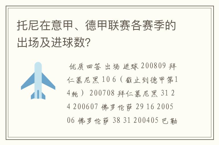 托尼在意甲、德甲联赛各赛季的出场及进球数？