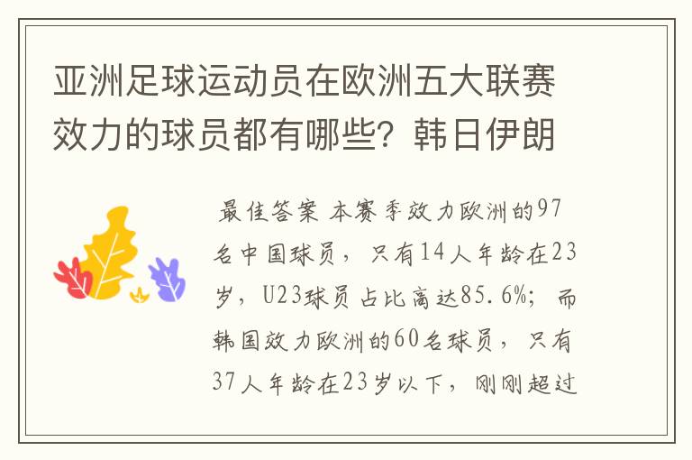 亚洲足球运动员在欧洲五大联赛效力的球员都有哪些？韩日伊朗 都是比较多吧！