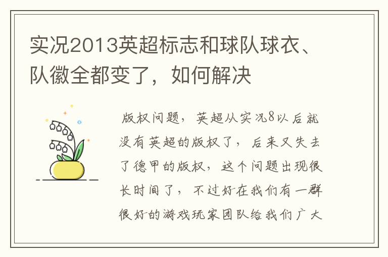 实况2013英超标志和球队球衣、队徽全都变了，如何解决