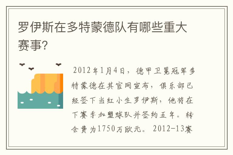 罗伊斯在多特蒙德队有哪些重大赛事？