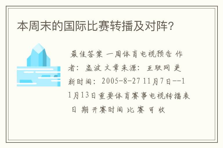 本周末的国际比赛转播及对阵?