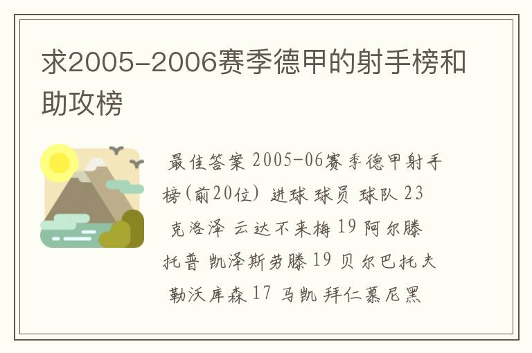 求2005-2006赛季德甲的射手榜和助攻榜