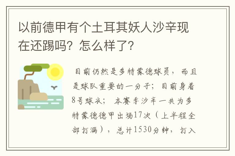 以前德甲有个土耳其妖人沙辛现在还踢吗？怎么样了？