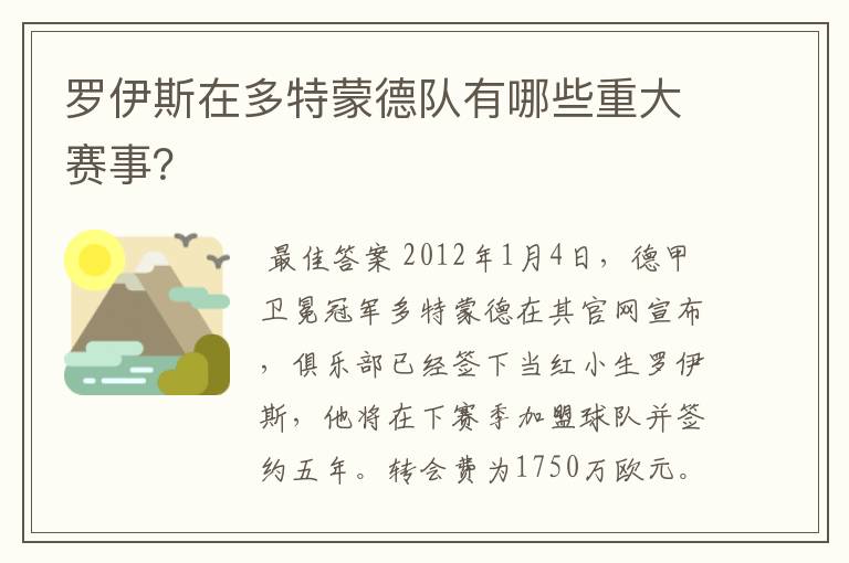 罗伊斯在多特蒙德队有哪些重大赛事？