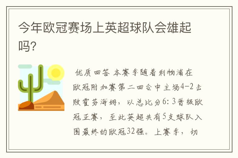 今年欧冠赛场上英超球队会雄起吗？