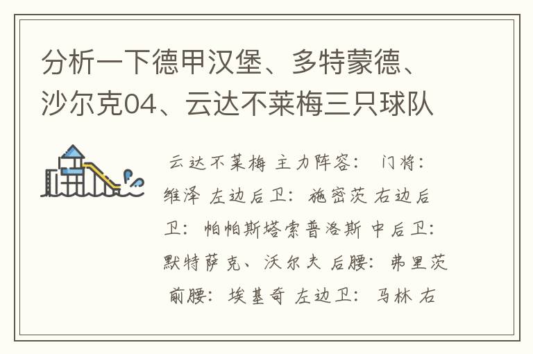 分析一下德甲汉堡、多特蒙德、沙尔克04、云达不莱梅三只球队的人员打法和阵型