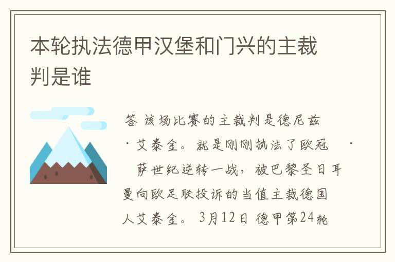 本轮执法德甲汉堡和门兴的主裁判是谁