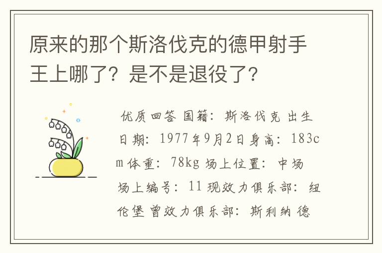 原来的那个斯洛伐克的德甲射手王上哪了？是不是退役了?