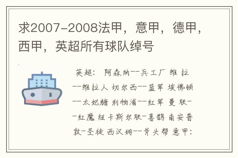 求2007-2008法甲，意甲，德甲，西甲，英超所有球队绰号