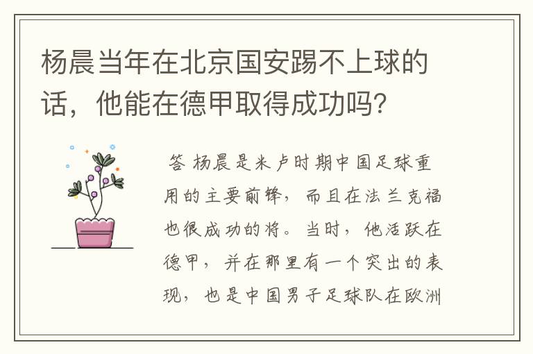 杨晨当年在北京国安踢不上球的话，他能在德甲取得成功吗？