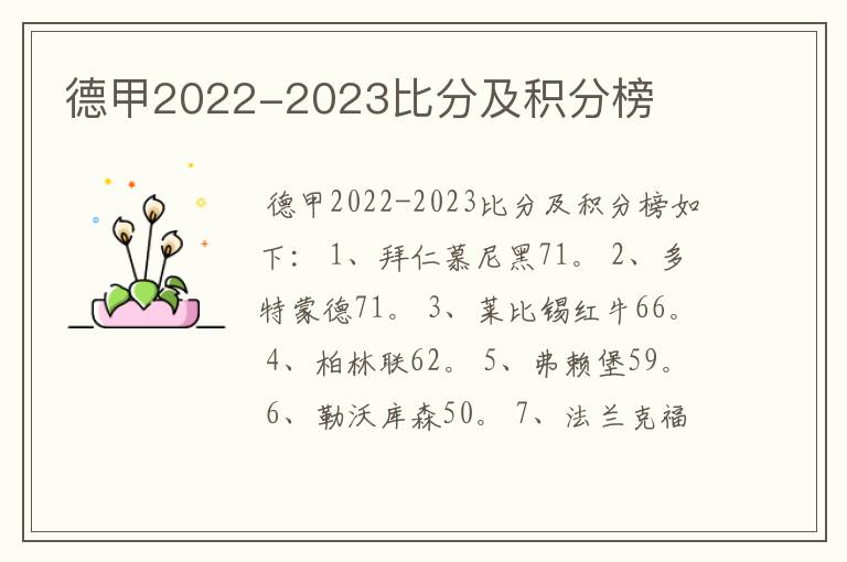 德甲2022-2023比分及积分榜