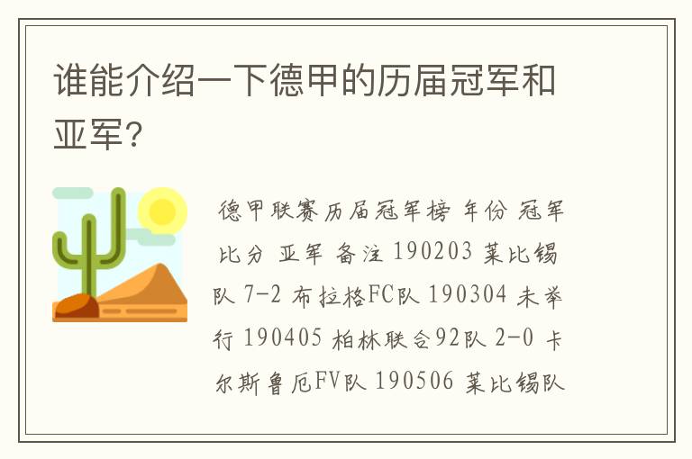 谁能介绍一下德甲的历届冠军和亚军?