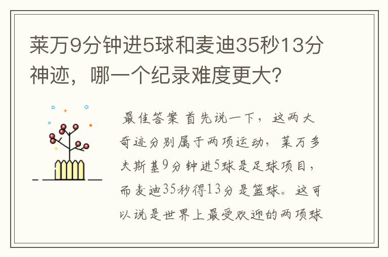 莱万9分钟进5球和麦迪35秒13分神迹，哪一个纪录难度更大？