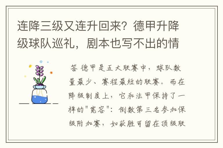 连降三级又连升回来？德甲升降级球队巡礼，剧本也写不出的情节