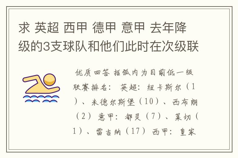 求 英超 西甲 德甲 意甲 去年降级的3支球队和他们此时在次级联赛的排名