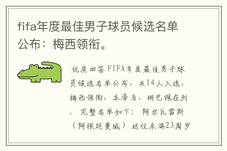 fifa年度最佳男子球员候选名单公布：梅西领衔。