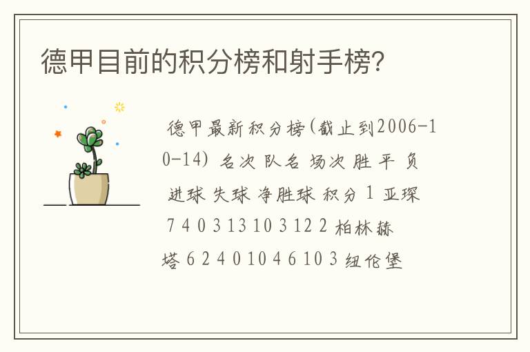 德甲目前的积分榜和射手榜？