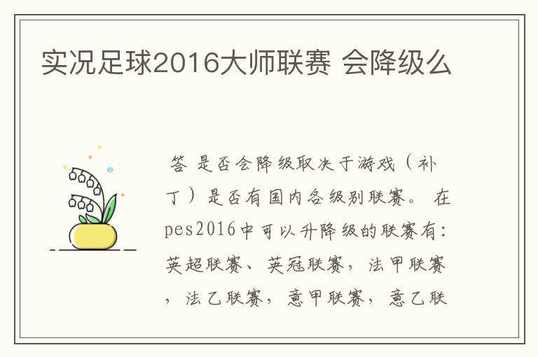 实况足球2016大师联赛 会降级么