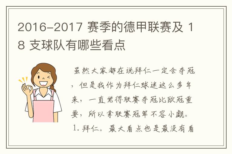 2016-2017 赛季的德甲联赛及 18 支球队有哪些看点