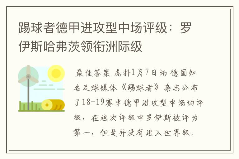 踢球者德甲进攻型中场评级：罗伊斯哈弗茨领衔洲际级