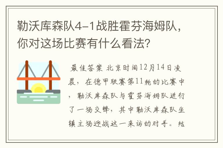 勒沃库森队4-1战胜霍芬海姆队，你对这场比赛有什么看法？