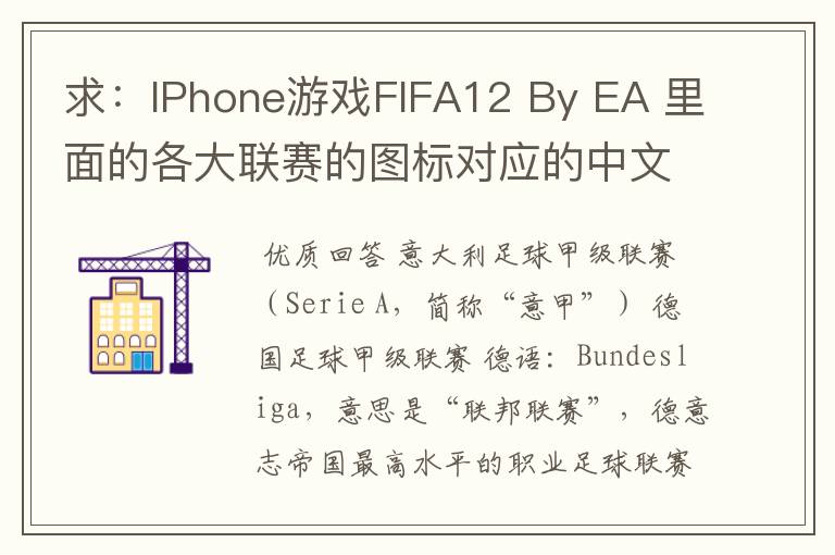 求：IPhone游戏FIFA12 By EA 里面的各大联赛的图标对应的中文名称 例如：Liga BBVA 西甲