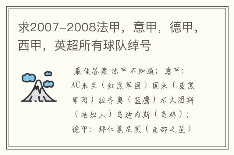 求2007-2008法甲，意甲，德甲，西甲，英超所有球队绰号