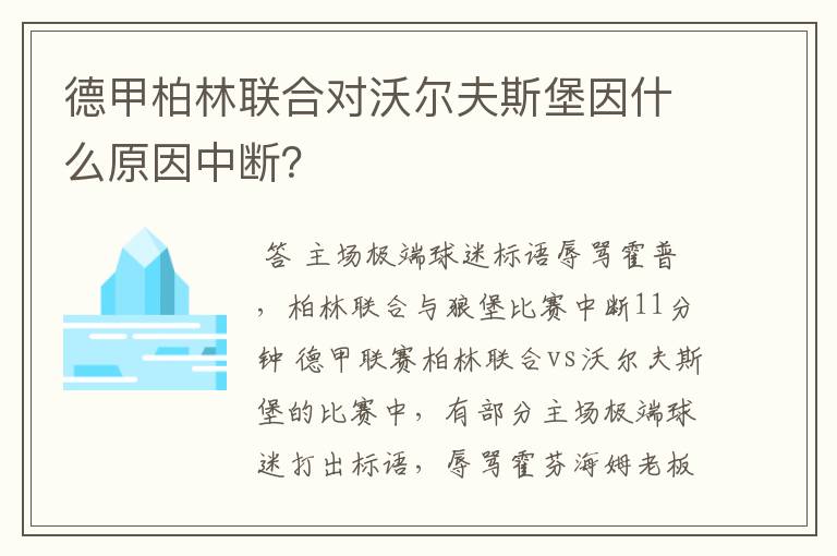 德甲柏林联合对沃尔夫斯堡因什么原因中断？