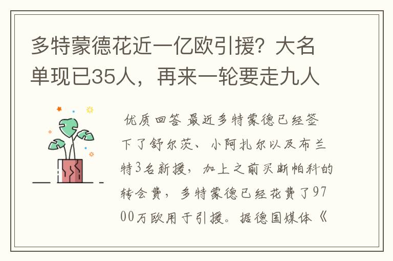 多特蒙德花近一亿欧引援？大名单现已35人，再来一轮要走九人