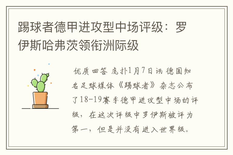 踢球者德甲进攻型中场评级：罗伊斯哈弗茨领衔洲际级