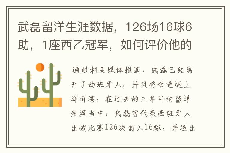 武磊留洋生涯数据，126场16球6助，1座西乙冠军，如何评价他的表现？