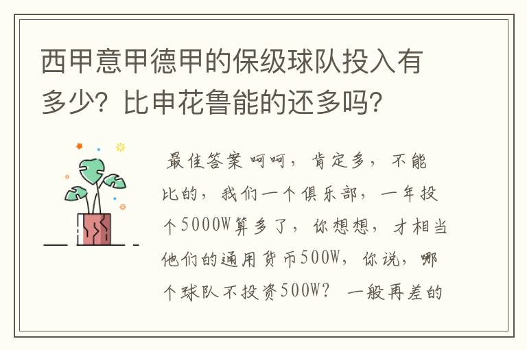 西甲意甲德甲的保级球队投入有多少？比申花鲁能的还多吗？