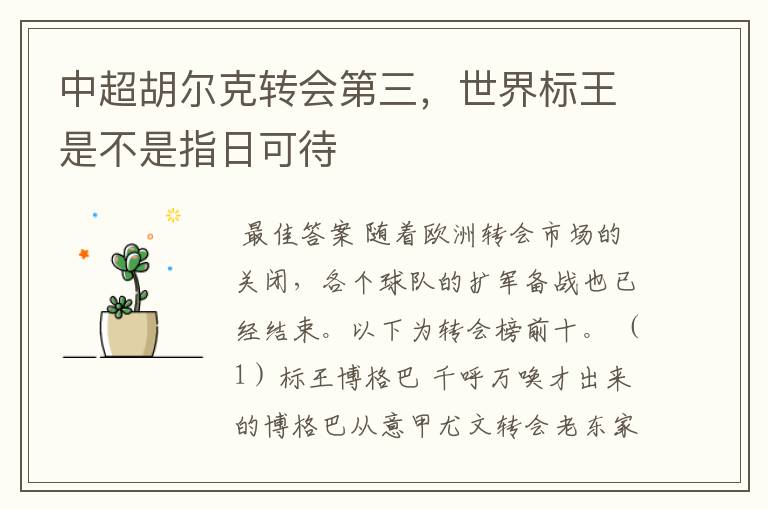 中超胡尔克转会第三，世界标王是不是指日可待