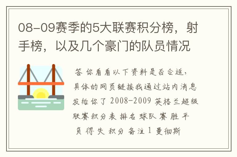 08-09赛季的5大联赛积分榜，射手榜，以及几个豪门的队员情况表，最好要有excel表格，不是也行