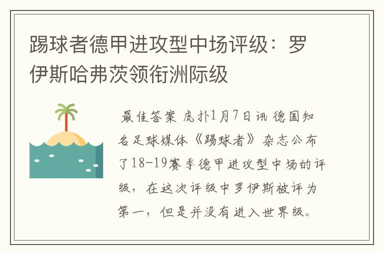 踢球者德甲进攻型中场评级：罗伊斯哈弗茨领衔洲际级