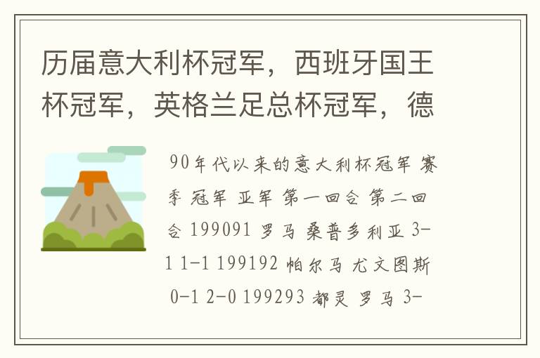 历届意大利杯冠军，西班牙国王杯冠军，英格兰足总杯冠军，德国杯冠军