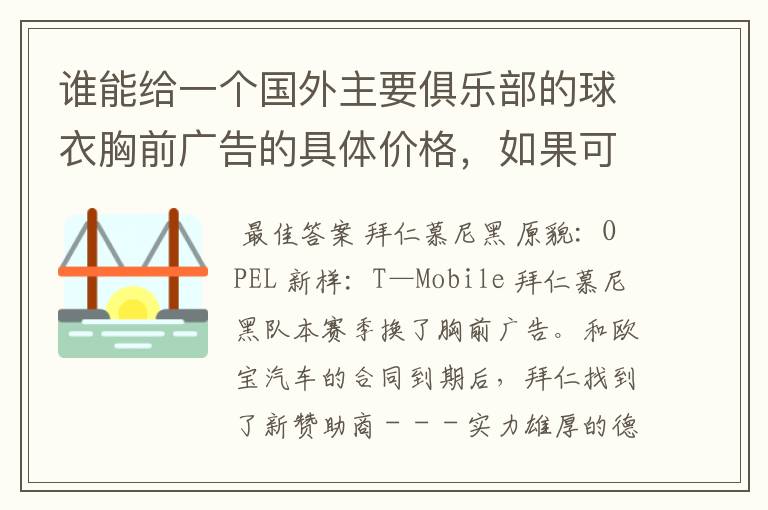 谁能给一个国外主要俱乐部的球衣胸前广告的具体价格，如果可以，把中超的也带上，让咱比较一下，成不