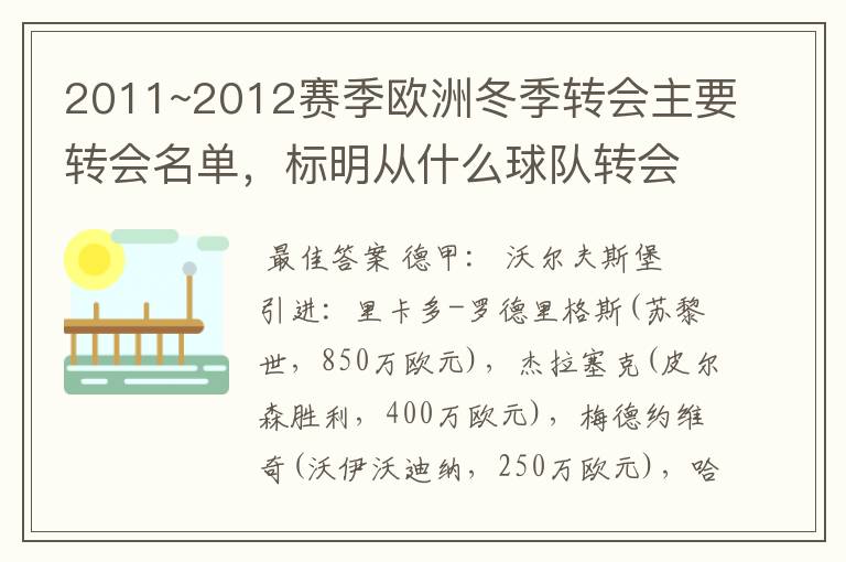 2011~2012赛季欧洲冬季转会主要转会名单，标明从什么球队转会到什么球队，多谢~