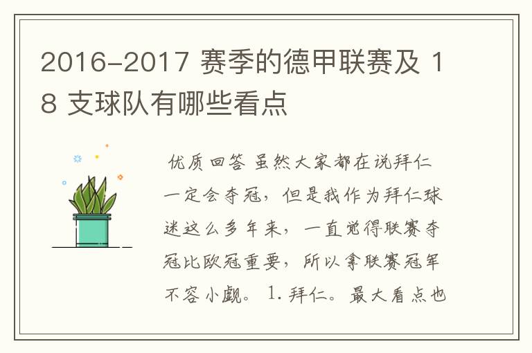 2016-2017 赛季的德甲联赛及 18 支球队有哪些看点