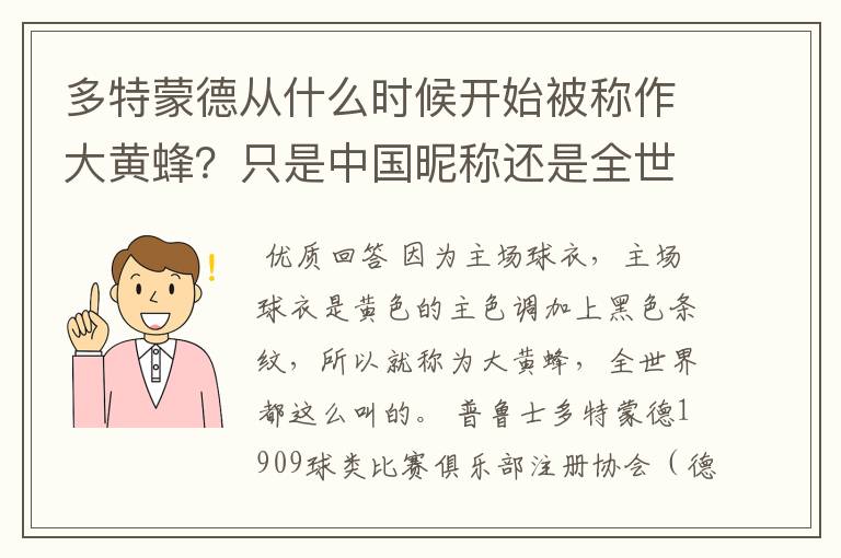 多特蒙德从什么时候开始被称作大黄蜂？只是中国昵称还是全世界范围都这么称呼