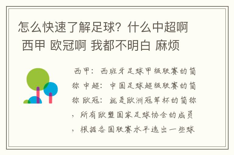 怎么快速了解足球？什么中超啊 西甲 欧冠啊 我都不明白 麻烦 有哪位特别了解足球的 跟我讲讲，多谢