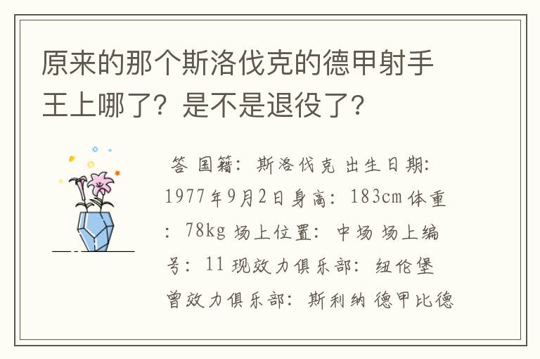 原来的那个斯洛伐克的德甲射手王上哪了？是不是退役了?