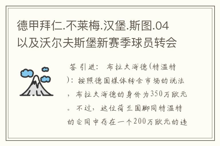 德甲拜仁.不莱梅.汉堡.斯图.04以及沃尔夫斯堡新赛季球员转会一览