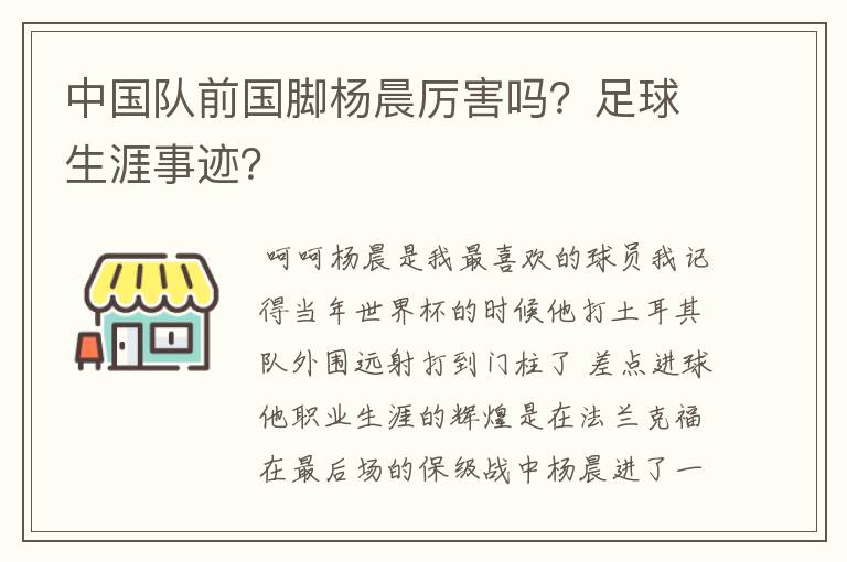 中国队前国脚杨晨厉害吗？足球生涯事迹？