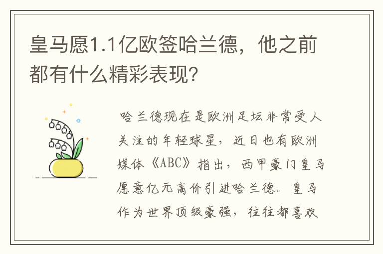 皇马愿1.1亿欧签哈兰德，他之前都有什么精彩表现？